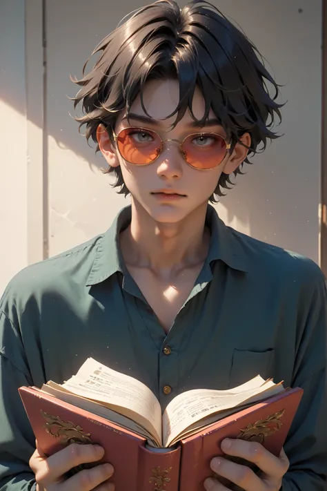 with hair male black hair short hair is sloppy sunglasses Hunchback Slim Japanese reading