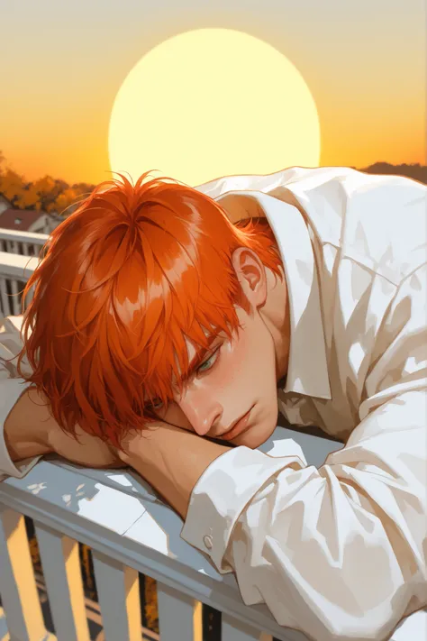 Solo man, in red and white period clothing, Short hair for men, Red-haired, Orange hair, emerald eyes, freckles on his face, soft hair on his upper lip, short hair, dominant expression, autumn mood, On an old balcony, 1500s, strong, masculine, masculine ha...