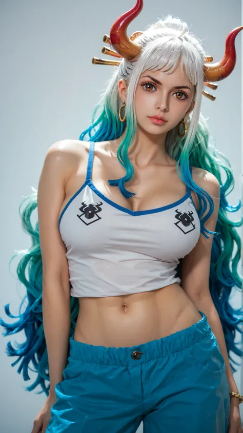 Yamatowanpi (multicolored hair: 1.2), light green hair (best quality: 1.0), (very detailed: 1.0), (1 girl: 1.3), score_9,score_8_up,score_7_up,score_6_up,yamato \(one piece\), solo, 1girl, earrings, jewelry, long hair, looking at viewer, multicolored hair,...