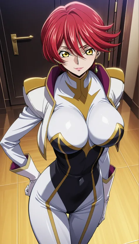narah_pilotsuit,narah vaughn,1girl,solo,red hair, short hair,breasts, yellow eyes,gloves, jewelry,earrings,lipstick,large breasts,mature female,MILF ,,,,,,, score_9, score_8_up, score_7_up, score_6_up, score_5_up, score_4_up ,,,,, smile earring locking at ...