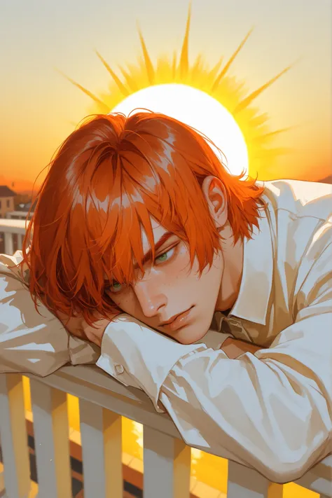 Solo man, in red and white period clothing, Short hair for men, Red-haired, Orange hair, emerald eyes, freckles on his face, soft hair on his upper lip, short hair, dominant expression, autumn mood, On an old balcony, 1500s, strong, masculine, masculine ha...