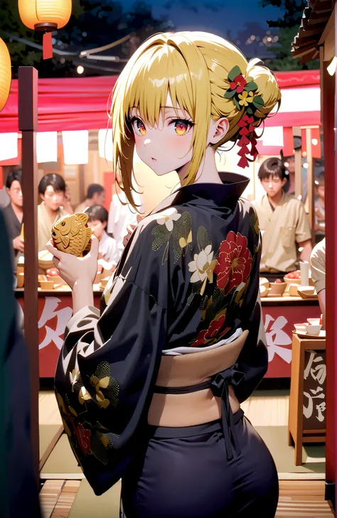 toloverudarkness, darkness, yellow hair, red eyes sitting on toilet seat,side lock,bun hair,Nape,flower hair ornament,Yellow flower pattern kimono ,standing,Holding a taiyaki in one hand,Light up fireworks,Japanese stalls ,night,Red Lantern,crowd,full body...