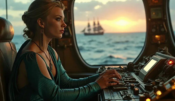A beautiful woman in a shiny, metallic teal corset sits confidently at the controls of a futuristic, steampunk-style cockpit as the sun sets over an ocean filled with distant ships. Her expression is fierce and focused. She glances slightly to her right, t...