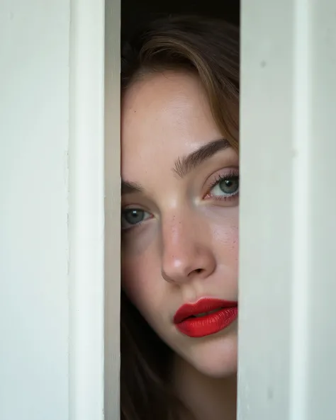 there is a woman with a red lipstick peeking out of a white door, closed up portrait, close up portrait photo, close - up portrait shot, photography alexey kurylev, closeup portrait shot, close up portrait shot, photography alexey gurylev, fine art fashion...
