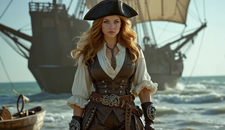 ((((big female pirate))), pirate hat), leather vest, chrome rivets, laces, open unbuttoned, leather pants, rapier sword etched swirls, wind, windy, long curly ginger hair, background pirate ship