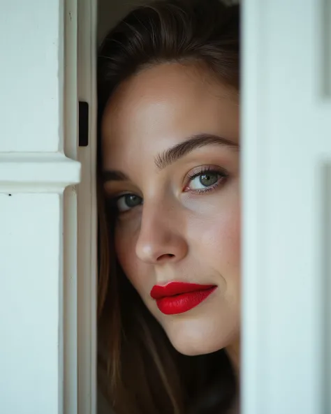 there is a woman with a red lipstick peeking out of a white door, closed up portrait, close up portrait photo, close - up portrait shot,smirking,44dd natural perky saggy breasts, age 20, photography alexey kurylev, closeup portrait shot, close up portrait...