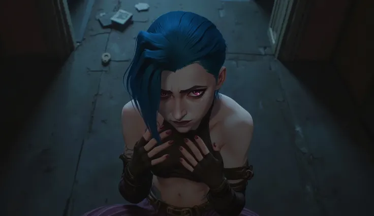 check_9, check_8_ up, check_7_ up, Jinx, очень sexуально, erotica , woman with blue hair and black top, Facing the viewer, bare breasts, nipples, erotica, sex, (top view:1.2.), (( Facing the viewer : 1.2.)), ((keeps his hands on his грудь : 1.2.), short ha...