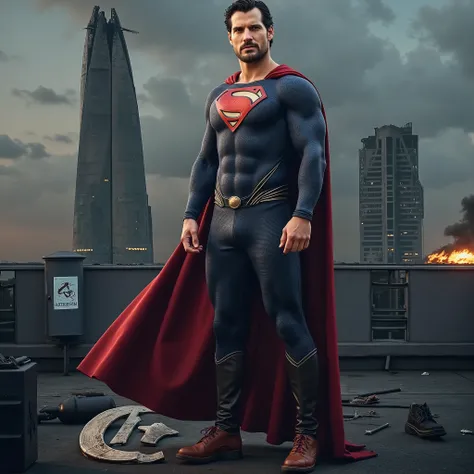 A high-quality, 3D-rendered, Portrait of Henry Cavill superman upper body shot in A post-apocalyptic rooftop at night with a destroyed Vought Tower in the background. The tower's logo lies shattered on the ground amidst glowing embers, flickering damaged L...