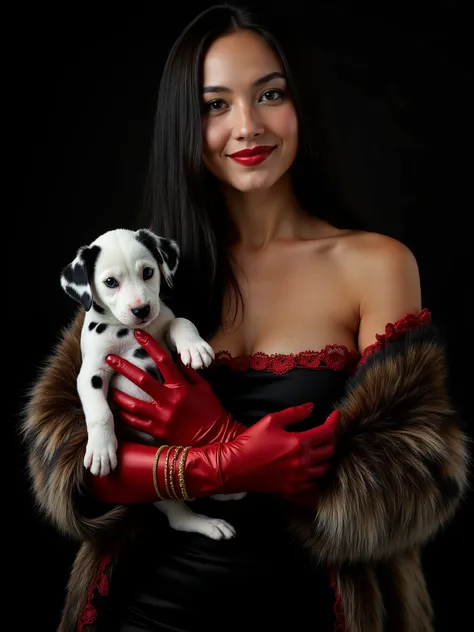 A stunning beauty woman, age 20, 44dd natural perky saggy breasts,smirking, ((with striking black and white long straight hair )) is wearing a black strapless dress and a luxurious faux fur coat accented with red lace trimming. She holds a small Dalmatian ...