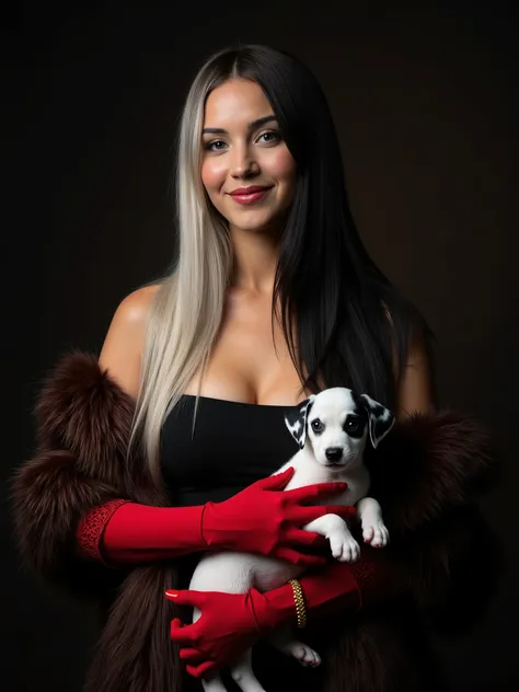 A stunning beauty woman, age 20, 44dd natural perky saggy breasts,smirking, ((with striking black and white long straight hair,black left side hair, white right side hair )) is wearing a black strapless dress and a luxurious faux fur coat accented with red...