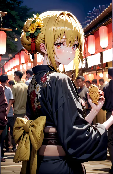 toloverudarkness, darkness, yellow hair, red eyes sitting on toilet seat,side lock,bun hair,Nape,flower hair ornament,Yellow flower pattern kimono ,standing,Holding a taiyaki in one hand,Light up fireworks,Japanese stalls ,night,Red Lantern,crowd,full body...