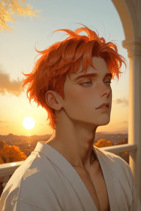 Solo man, in red and white period clothing, Short hair for men, Young man of 20 years old, Red-haired, Orange hair, emerald eyes, freckles on his face, soft hair on his upper lip, short hair, dominant expression, autumn mood, On an old balcony, 1500s, stro...