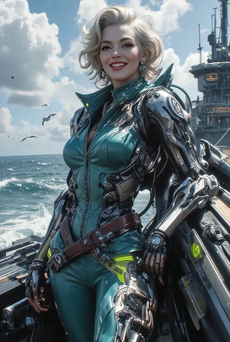 A beautiful cyberpunk female warrior (Marilyn Monroe is a cyborg) about 20 years old, light-haired, with a lush pin-up hairstyle, posing aboard a submarine-like vessel. The woman's appearance is half made up of mechanical parts, like a cyborg robot. Oceanf...