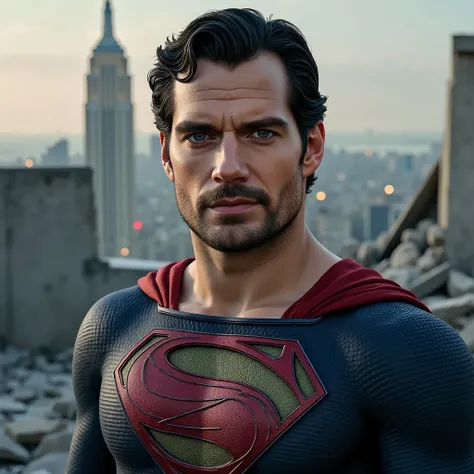 A high-quality, 3D-rendered, image of Henry Cavill as Superman in A post-apocalyptic rooftop at night with a destroyed Vought Tower in the background. Neon city lights glimmer far away under a dark. The atmosphere is tense and gritty and scattered debris a...