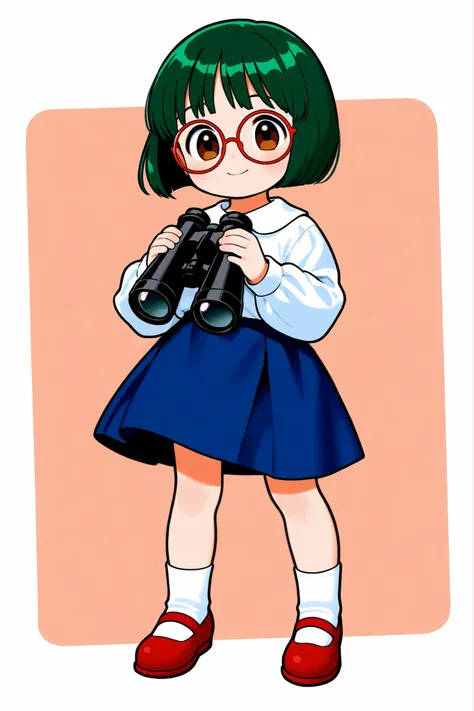 elementary school student,Girl, green hair,brown eyes,bob cut,red frame round glasses,White blouse,Navy Blue Skirt,White socks,red leather shoes,Have binoculars