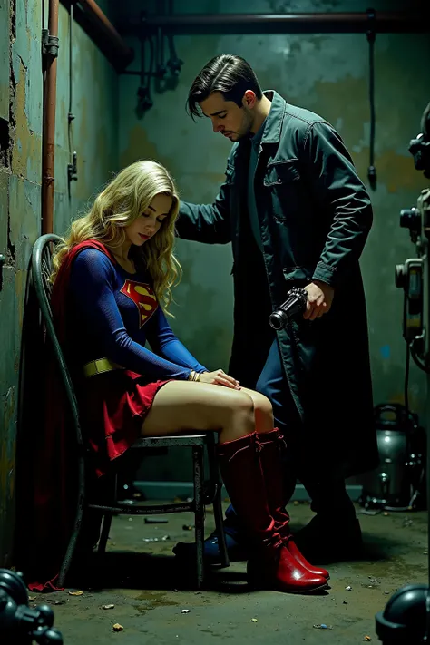 NSFW,
photorealism,
((a scene from a live-action movie)),
extremely detailed,

1girl, 3guys,
Supergirl sitting slumped on a metal chair,
a man standing next to her holding a stun gun,
a basement,