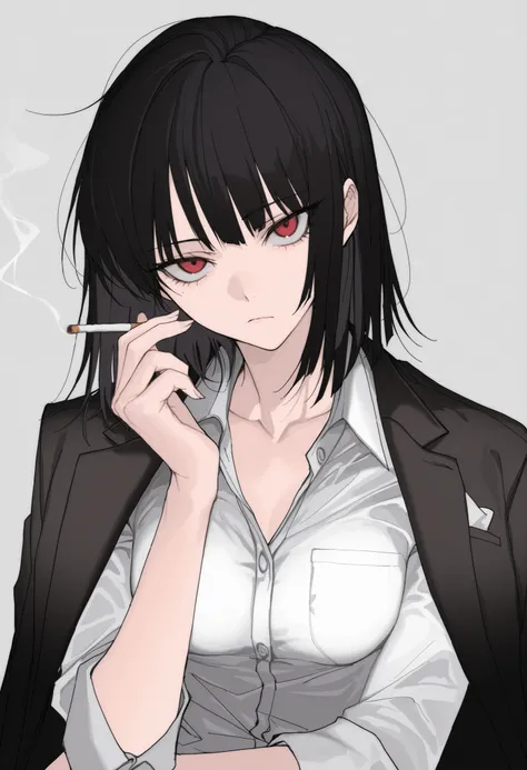by kamikiririp, ryoshu (project moon), 1girl, solo, black hair, unkempt, wispy bangs, medium hair, messy hair, sanpaku, red eyes, small breasts, mature woman, dress shirt, black jacket, suit jacket, jacket over shoulders, cigarette, holding cigarette, smok...