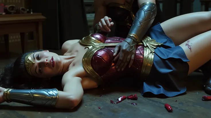 Wonder woman is lying down, bad injury, a monster is bending over her body, he strangle her with both hand,