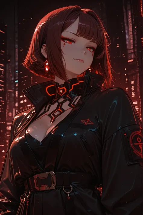 Very rich woman with bob hair, color black. Illuminated collar jacket, illuminated choker, red eyes, black trim, arrogant look, beautiful cyberpunk style in Asia.
