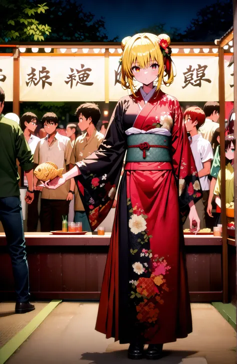 score_9, score_8_up, score_7_up, sauce_anime,
toloverudarkness, darkness, yellow hair, red eyes sitting on toilet seat,side lock,bun hair,Nape,flower hair ornament,Yellow flower pattern kimono ,standing,Holding a taiyaki in one hand,Light up fireworks,Japa...