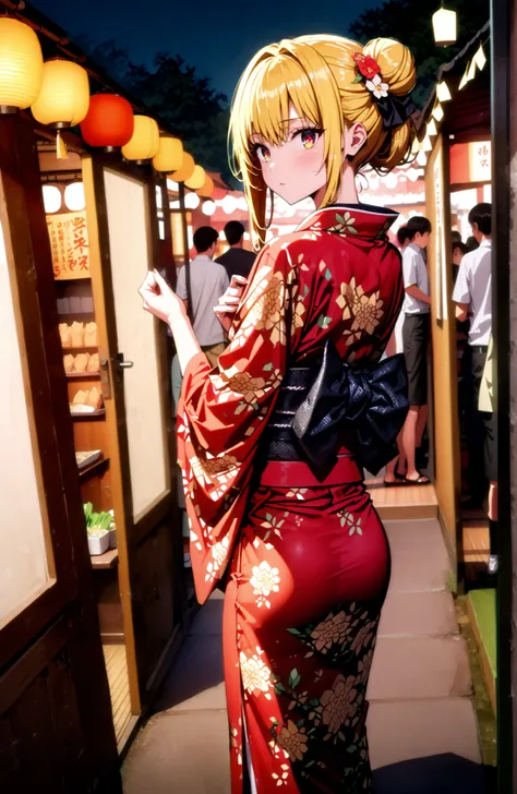 score_9, score_8_up, score_7_up, sauce_anime,
toloverudarkness, darkness, yellow hair, red eyes sitting on toilet seat,side lock,bun hair,Nape,flower hair ornament,Yellow flower pattern kimono ,standing,Holding a taiyaki in one hand,Light up fireworks,Japa...
