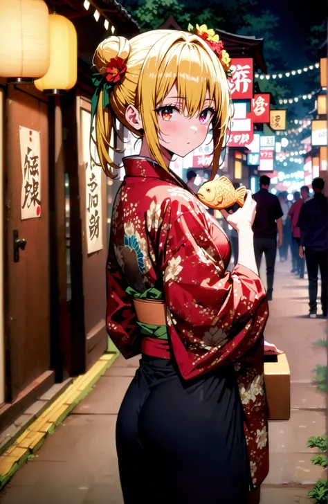 score_9, score_8_up, score_7_up, sauce_anime,
toloverudarkness, darkness, yellow hair, red eyes sitting on toilet seat,side lock,bun hair,Nape,flower hair ornament,Yellow flower pattern kimono ,standing,Holding a taiyaki in one hand,Light up fireworks,Japa...