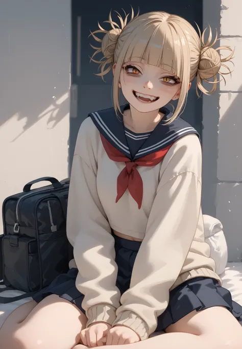 Himiko toga sitting looking backwards at the spectator, smiling 