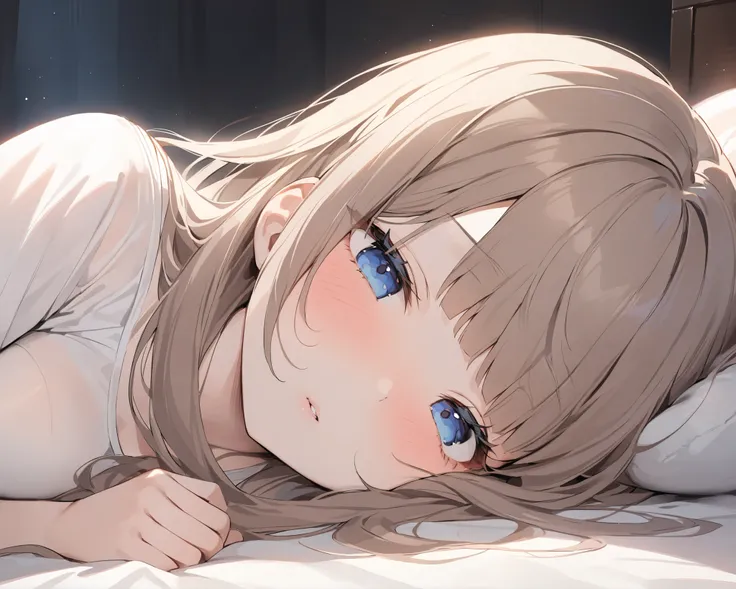 heavy blunt bangs 、chest length hair、whitish ash brown colored hair、blue dark eyes 、princess cut、My cheeks are blushing、Lying on a bed in a dark room、1 girl、Puffy Lips、masterpiece、top quality、uncensored
