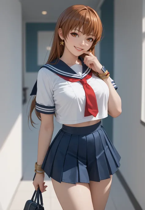 Dead or Alive Kasumi, sailor blouse and school skirt, standing looking at the viewer, smiling, red tie, pretty legs 