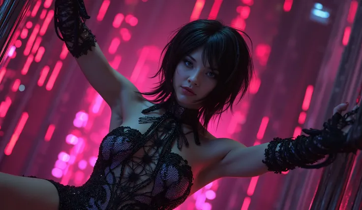 bayonetta A mesmerizing and bold woman with cinematic flair, exuding confidence in glamorous outfits. electro music vibe