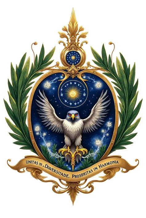 A highly formal and elegant government seal of the fictional Caribbean nation of Cara Libro. The seal is designed in a heraldic style, inspired by classic Western emblems like the Great Seal of the United States. At the center, a majestic Peregrine Falcon ...