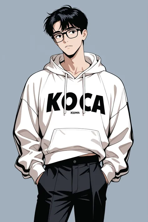 high quality, no background, wearing black glasses, Korean male , Waist Shot, white hoodie