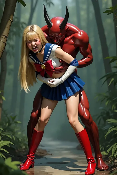 Hyperrealism, masterpiece, highest quality, A young Japanese woman is bending down and hugging from behind by a devil, ((she is crying and screaming in pain)), a bit of blood on her inner thighs, tears from her eyes, painful face, she is wearing a Sailor M...