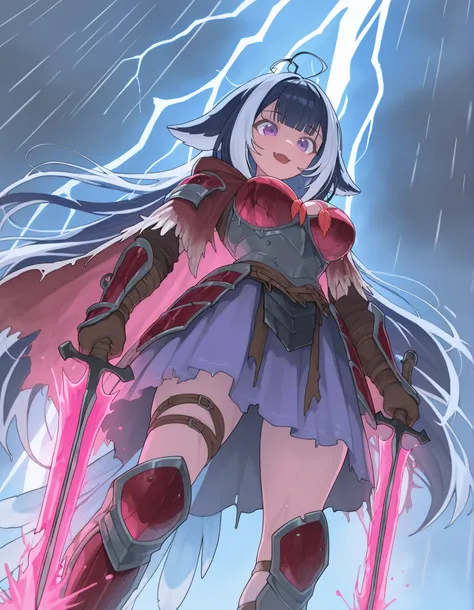 Shylily (VTuber),(scarred warrior in FEATHER-LAMINAR armor:1.4), (TWISTING mid-air to dodge arrows:1.5), (broken sword SHOCKING with lightning), (bloodied cloak frozen in motion), low-angle shot, rain splattering on armor
,masterpiece, best quality, newes...