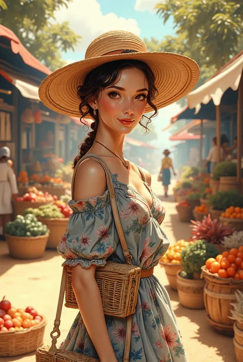 A realistic portrait of a fashionable woman in Animal Crossing attire—flowing dress, wicker bag, and a wide-brimmed sunhat. She shops at a morning market, sunbeams catching the fruits and handmade crafts. Her poise is elegant, the scene heartwarmingly live...