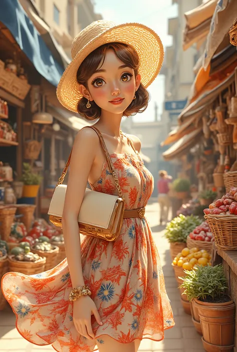 A realistic portrait of a fashionable woman in Animal Crossing attire—flowing dress, wicker bag, and a wide-brimmed sunhat. She shops at a morning market, sunbeams catching the fruits and handmade crafts. Her poise is elegant, the scene heartwarmingly live...