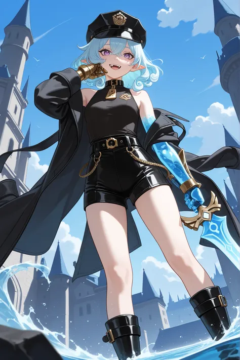 （ Genshinインパクト）,masterpiece, top quality,  excellent quality, very aesthetic, high resolution, newest, hyper-detailed, realistic, 1 girl, dusty \( weathering wave\), light blue hair, Water Arms , transparent arm、black belt、black punk belt coat、 fine eyes ,...