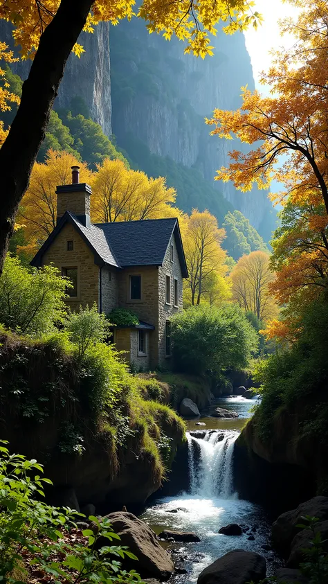 An unpretentious stone cottage, nestled under a towering cliff, ,Surrounded by lush trees and vibrant autumn leaves, A serene stream slowly flowing through a small waterfall, Dappled sunlight shines through the trees,illuminates a verdant landscape, Quiet ...