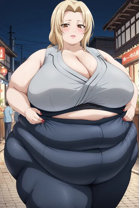 Tsunade, long hair,   Gold , brown eyes,  gray kimono, sleeveless kimono on the left ,clavicle,navy blue belly band ,   dark blue long pants,red nails,Very big droopy  ,An amateur wearing an extended chest  ,embarrassing,Mature Woman, chubby, Thighs, night...