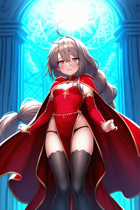 masterpiece,best quality,amazing quality, 1girl,solo,tearing up,Rosette_Savigny_DEEP_ONE,brown hair,long hair,red eyeslong braid,big braidwhite cape,red sleeves,detached sleeves,rosettedress,clothed,twoside highleg dress,slim legs,small breasts,lowleg blac...