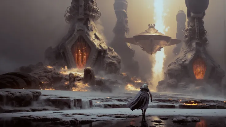 Public transport and electronic traffic management company,The figure has pipe and circuit textures,A lone figure walking across an icy plain, their path marked by large, floating geometric forms that glow softly in the twilight, surreal ink fantasy illust...