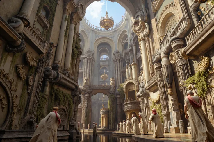 这张照片展示了宏伟而was amazing的内部建筑风格,The building has white pipes and wires,creates a cathedral-like atmosphere. Towering white stone columns extend upward, ,embellished with intricate carvings and designs. The gorgeous hanging chandeliers cast a warm, soft light ...