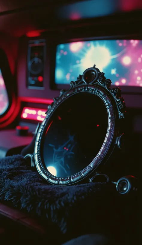 Ultra close-up,The center of the picture is a magic mirror with evil decorations,Reflecting neon lights and the sky,placed on the soft passenger seat,Fuzzy,Blue and Red,Psychedelic and dangerous tone,masterpiece,best quality,1980s,Retro new wave,8k