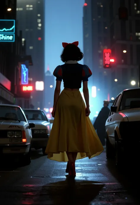 Telephoto，Silhouette of Snow White， WITH RED BOW，Wearing a blue top，yellow dress，red high heels， raise both hands，standing down on the street at midnight，back of view，walk，The background is a low-saturated ambient fog，dark street，tall buildings， neon, full...