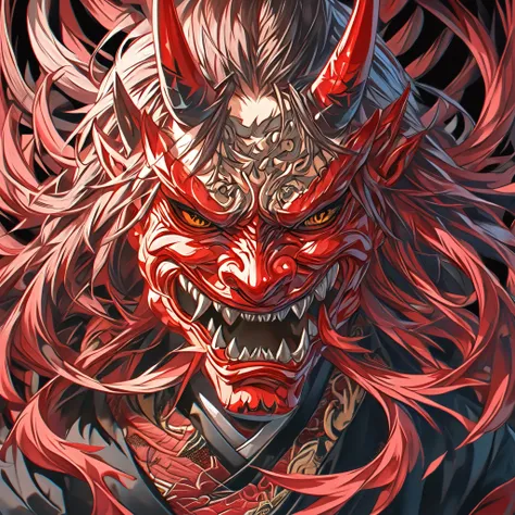 Anime-style Oni mask, sharp teeth, red and black colors, intricate wooden texture, red horns, isolated on transparent background, for sticker design, commercial use 