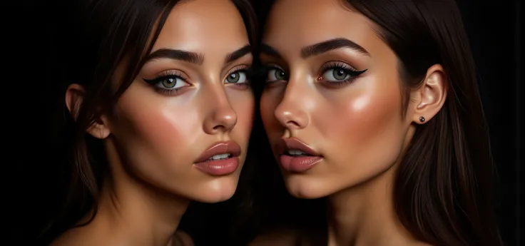  ((2 beautiful brazilian model:1.8)),(photorealism: 1.4),( 2 hot girl tan skin),(complex and realistic skin texture:1.4), closeup 2 face view,face neck breast view only,19years,2 very skinny body,tan lines on breast,very thick large choker,extremely define...