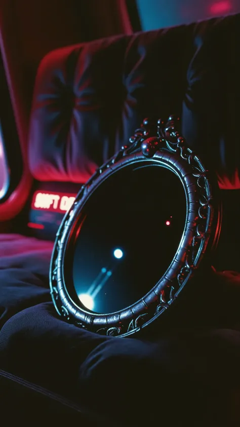 Ultra close-up,The center of the picture is a magic mirror with evil decorations,Reflecting neon lights and the sky,placed on the soft passenger seat,Fuzzy,Blue and Red,Psychedelic and dangerous tone,masterpiece,best quality,1980s,Retro new wave,8k