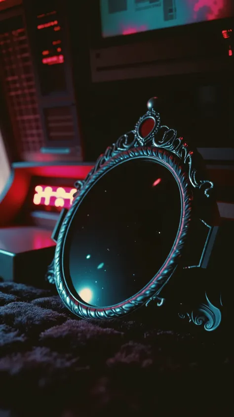 Ultra close-up,The center of the picture is a magic mirror with evil decorations,Reflecting neon lights and the sky,placed on the soft passenger seat,Fuzzy,Blue and Red,Psychedelic and dangerous tone,masterpiece,best quality,1980s,Retro new wave,8k