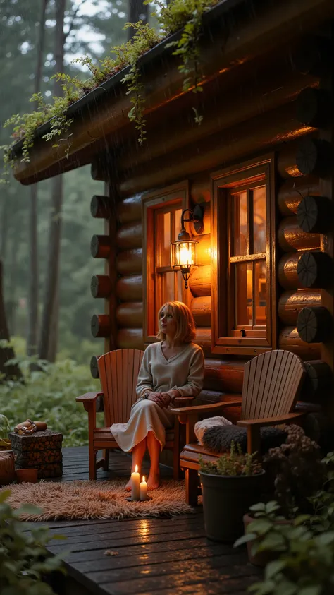 close up:eaves,forest,Log House,rain, Floor Coverage ,HD、delicate texture、HD、Realism,Turn off the light,Woman with short blond hair sits on a chair in the center of the picture,