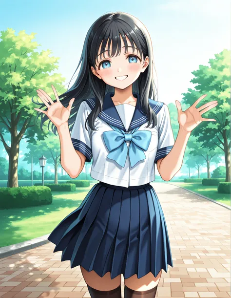 masterpiece, best quality, solo, 1girl, 1girl, komichiakebi, komichi akebi, black hair, long hair, blue eyes. The top is a white sailor uniform with blue sailor collar and cyan bowtie. For the skirt, pair it with a blue pleated skirt for a cute look. For y...